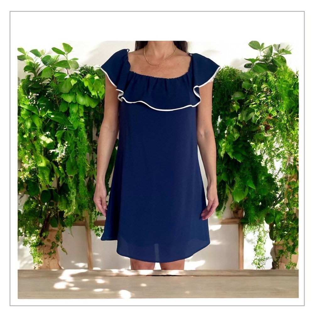 June&Hudson Navy blue / White Trim-On/Off the Shoulder Dress -A line-Sz S ☀️ ⚓️